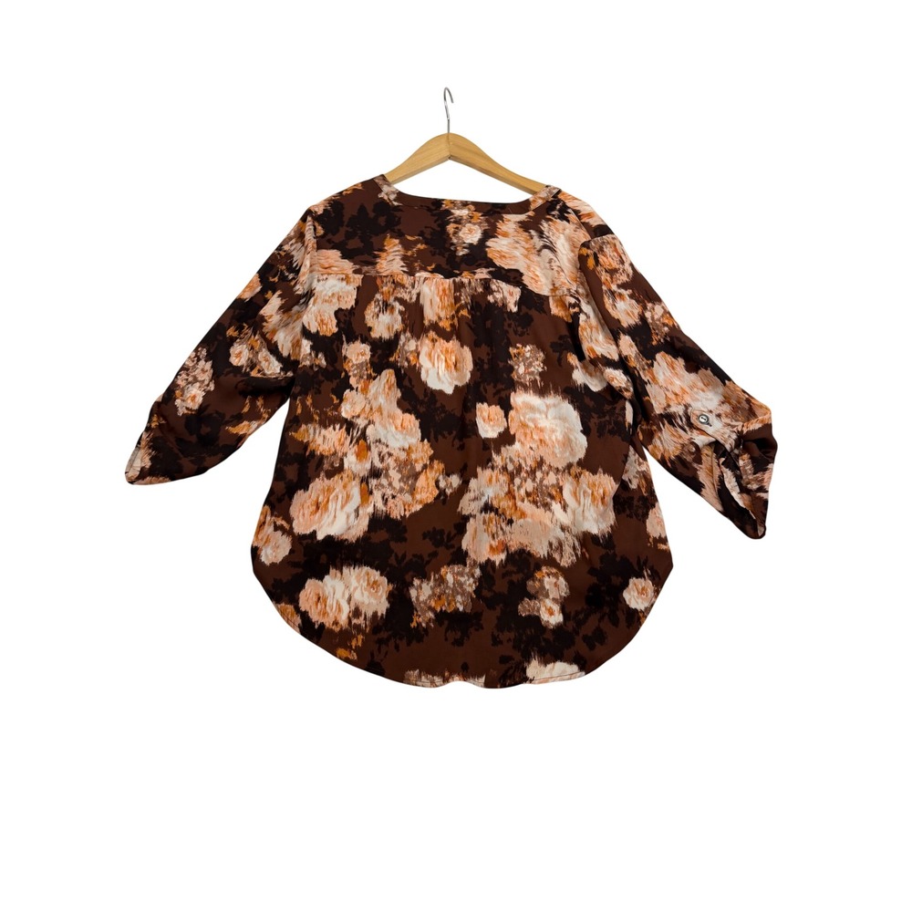 Maurices Brown Floral V-Neck Roll Tab Sleeve High Low Blouse Size M